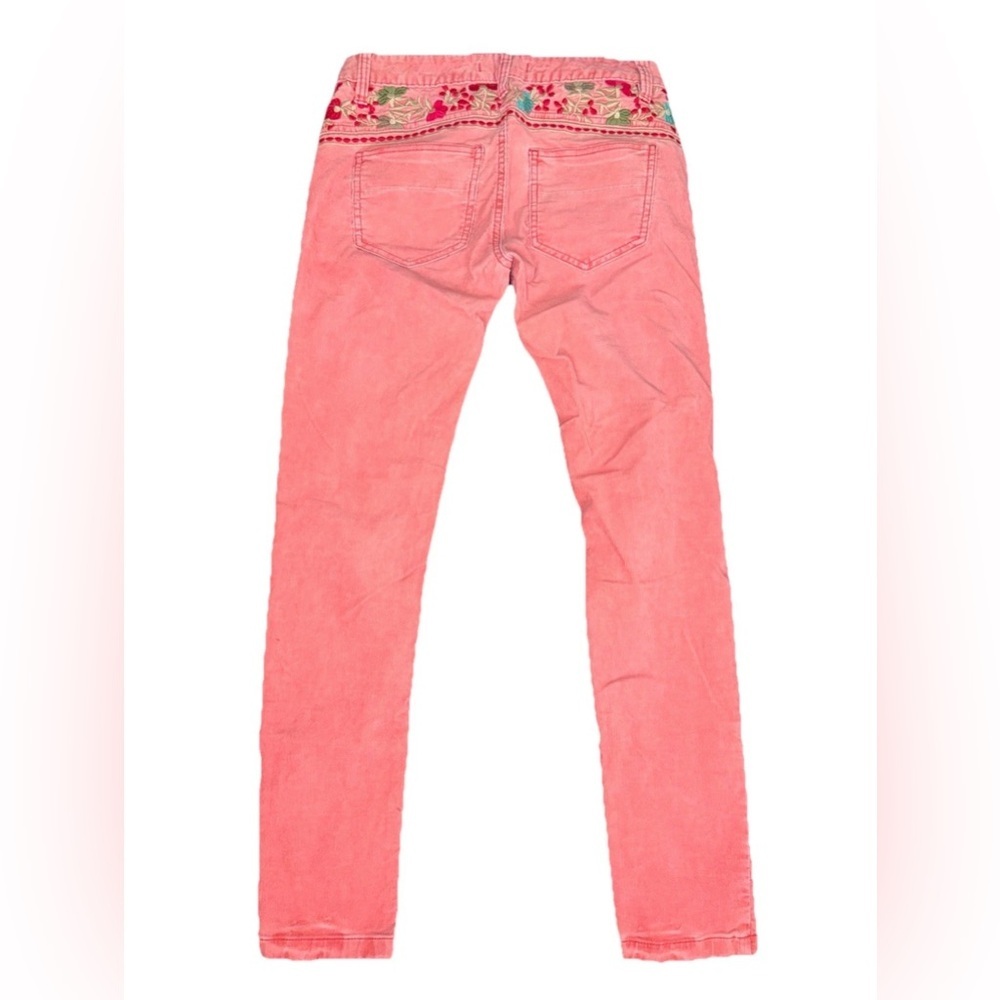 Embroidered Waist Pink Corduroy Skinny Pants